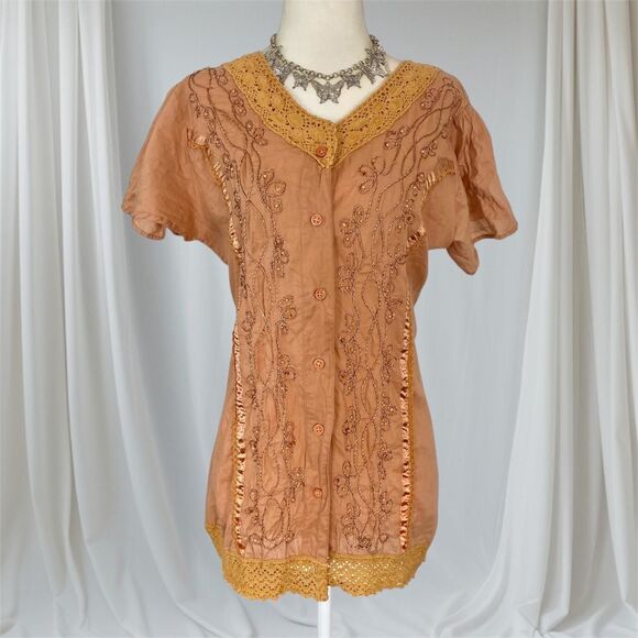 Orange Tan Vintage Boho Embroidered Babydoll Blouse Top M - Picture 1 of 8